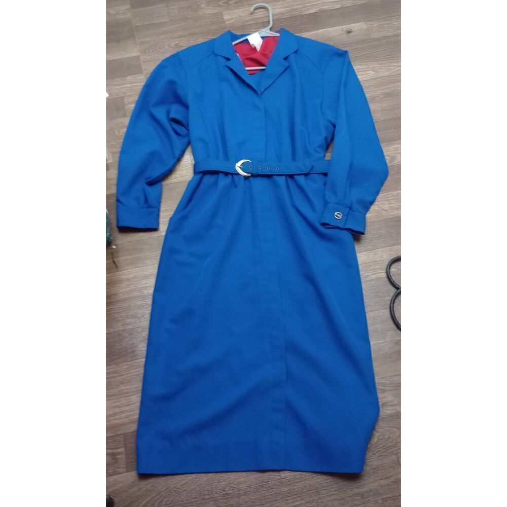 Vintage Willi petites 1980s blue button-up MIDI dress with belt. Size 12